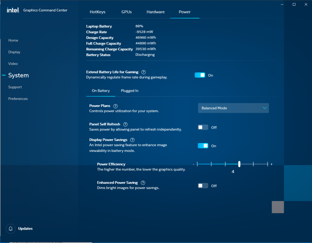 Screenshot of the panel self refresh setting location in the Intel Graphics Command Center settings.